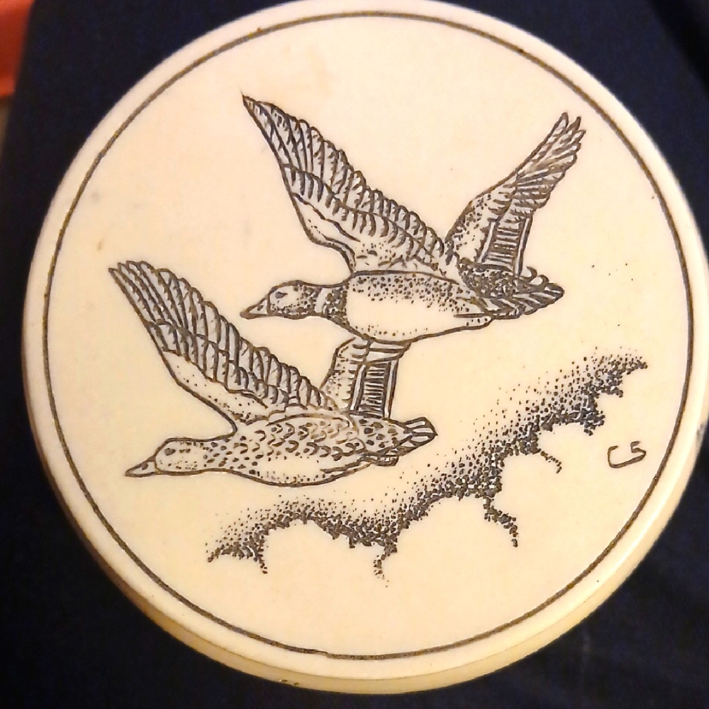 Cream Round Scrimshaw Box with Flying Ducks Design, Signed
